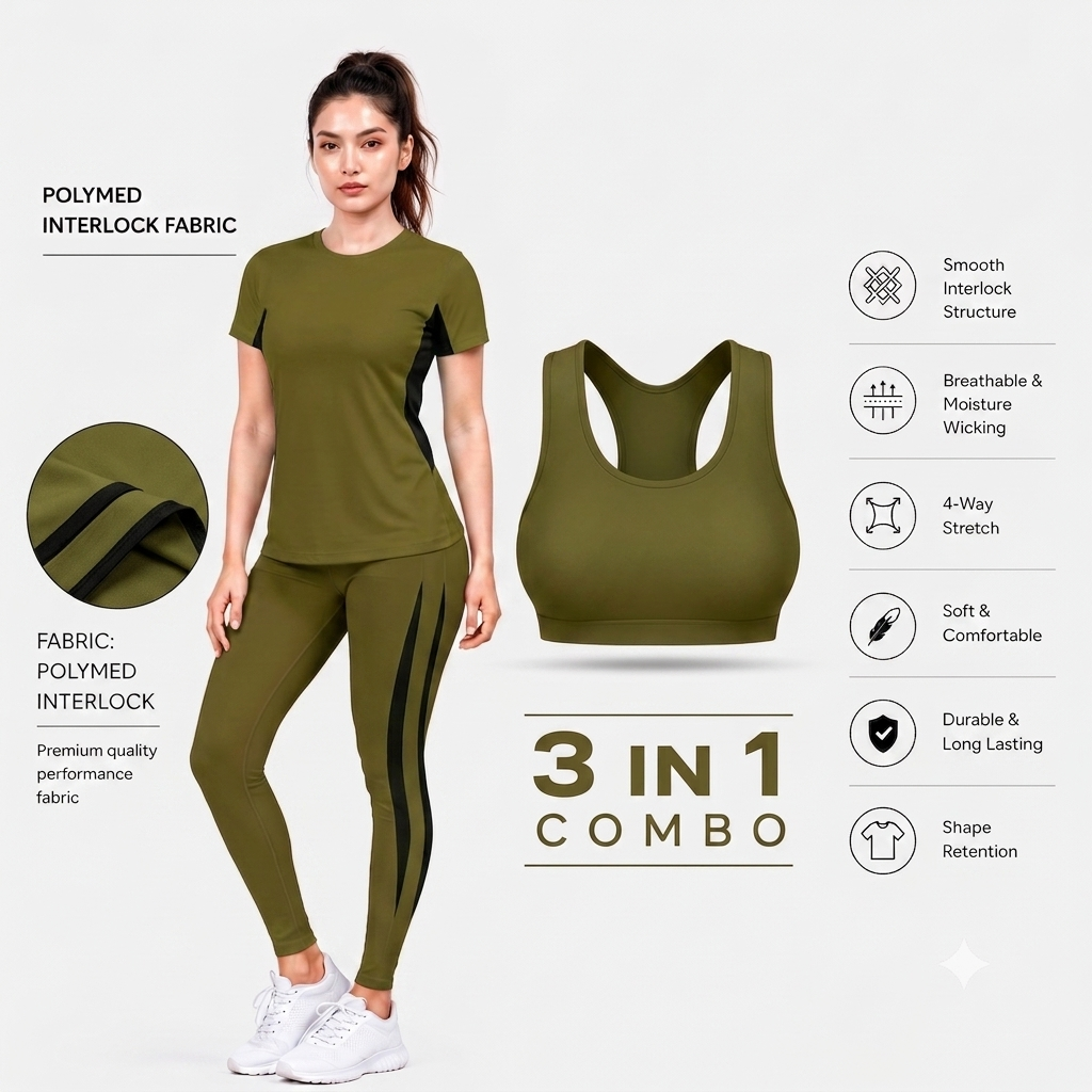 Combo 3 in 1 Yoga Gym Dress Olive